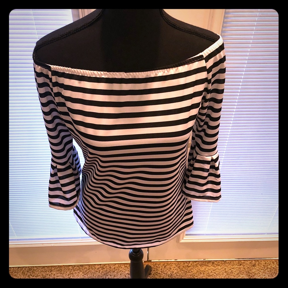 Black and white stripped off the shoulder top